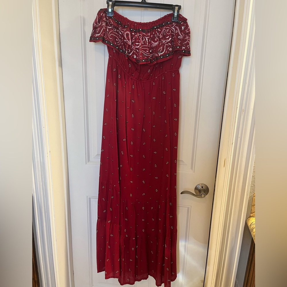 Red bandana empire waist maxi dress. So comfy and cute!